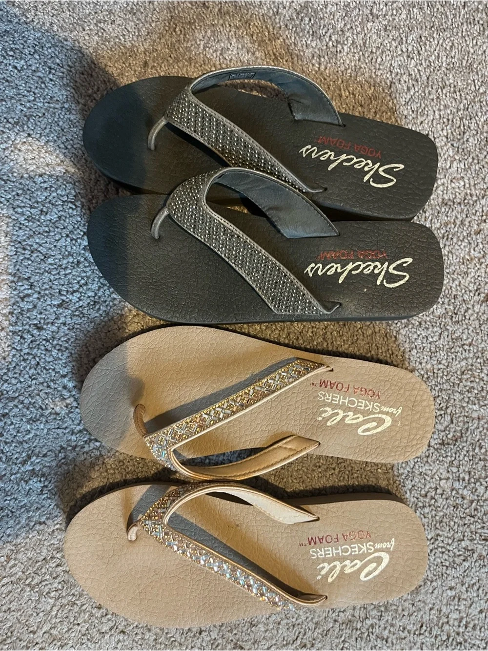 Skechers Women's Black and Tan Rhinestone Flip Flops